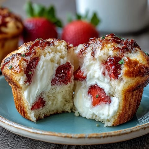 Golden-brown muffins bursting with juicy strawberries and creamy yogurt, ideal for brunch or on-the-go treats.  