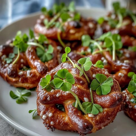 Festive St. Patrick's Day shamrock pretzel bites with green candy coating and sprinkles on a white platter.