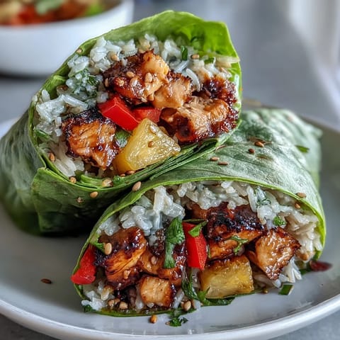 Fresh pineapple chicken and rice lettuce wraps with juicy chicken, sweet pineapple, and crisp lettuce for a tropical, healthy dinner.  