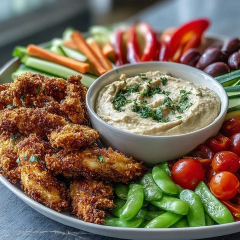 Vibrant Chicken Run Veggie Tray with colorful carrots, peppers, and cucumbers surrounding creamy ranch hummus dip.