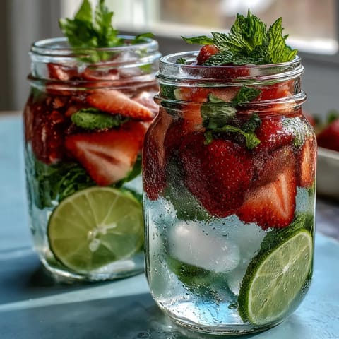 Refreshing virgin mojito pitcher with fresh mint, lime, and strawberries, perfect for spring gatherings and garden parties.