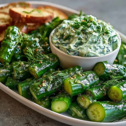 Vibrant green snack board with cucumber, snap peas, and creamy avocado ranch dip for healthy entertaining.