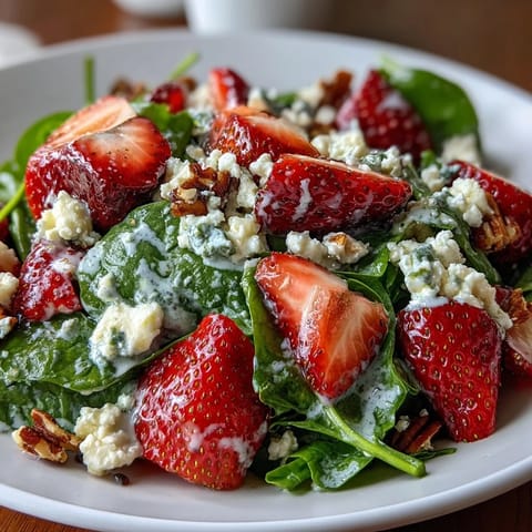 Vibrant strawberry spinach salad with creamy poppyseed dressing, topped with toasted almonds and feta.  