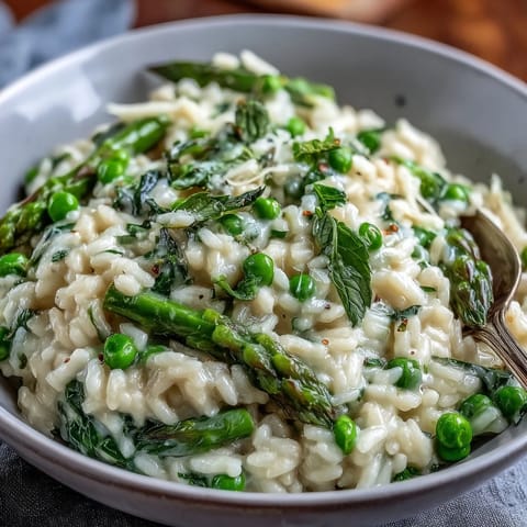 Creamy pea and mint risotto with Parmesan, a vibrant spring dinner party dish bursting with fresh flavors.  