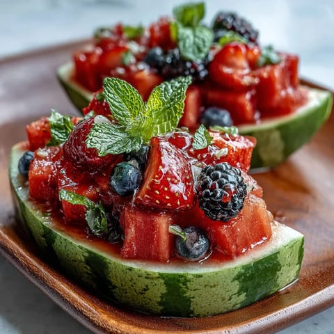 A vibrant watermelon carving board overflowing with fresh berries and mint, perfect for summer parties and healthy snacking.