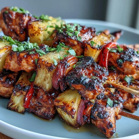 Grilled Pineapple Chicken Skewers with colorful peppers and sweet pineapple chunks sizzling on the grill.