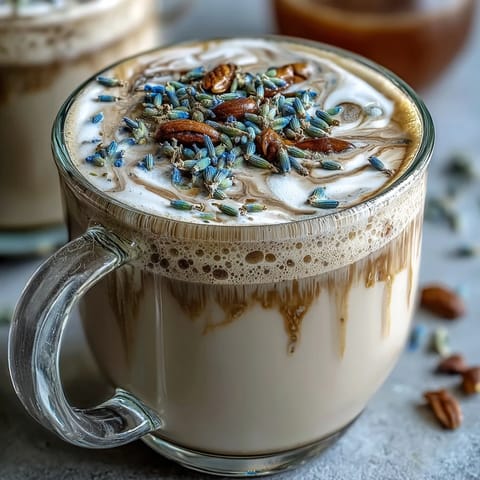 Creamy lavender oat milk latte with floral notes, espresso, and frothy oat milk for a soothing vegan treat.