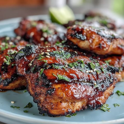 Juicy grilled chicken thighs glazed with honey sriracha sauce, caramelized and slightly charred for a sweet-spicy flavor.