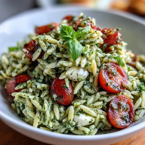 Creamy mozzarella and vibrant basil pesto coat tender orzo pasta in this refreshing make-ahead salad.  