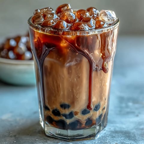 A creamy milk tea with chewy brown sugar boba pearls swirled in rich dark syrup.