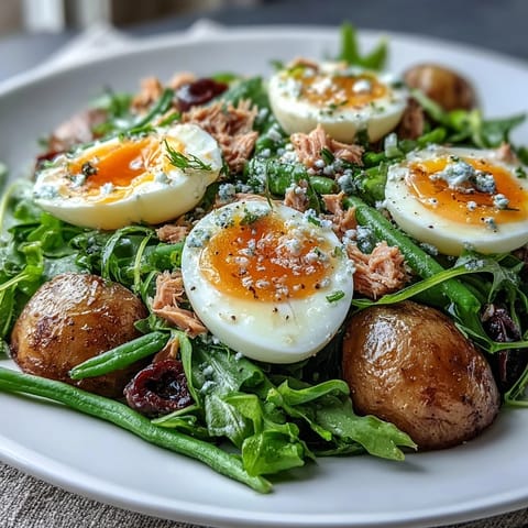 Spring Niçoise Salad with tuna, soft-boiled eggs, and crisp green beans, drizzled in zesty Dijon vinaigrette.