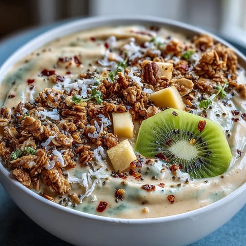 Vibrant mango chili lime smoothie bowl topped with fresh fruit and granola.