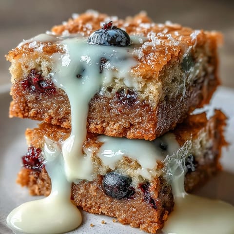 Golden white chocolate lemon blueberry blondies, bursting with fresh fruit and sweetness.