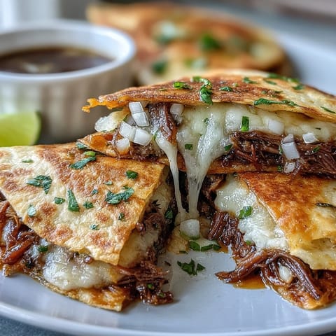 Golden-brown Cinco de Mayo Birria Quesadillas with rich dipping consommé.