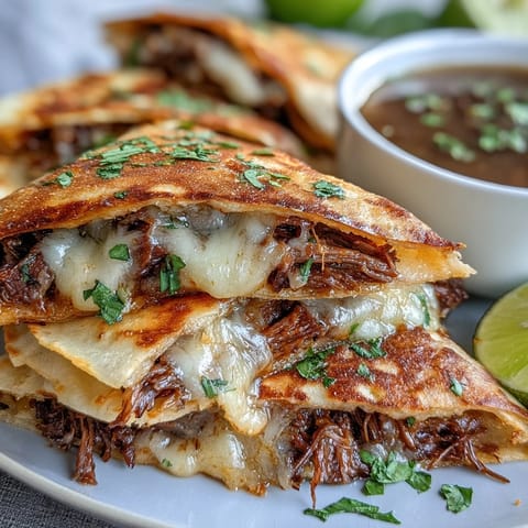 Cheesy, tender braised beef birria quesadillas ready for a flavorful consommé dip.