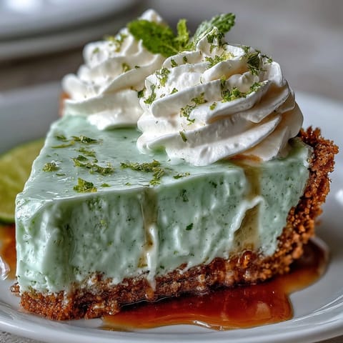 A chilled slice of no-bake key lime pie, topped with fluffy whipped cream.