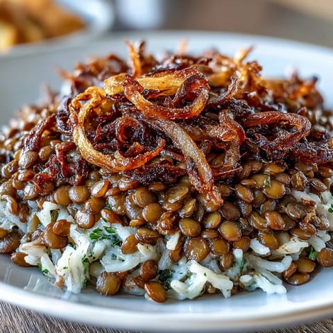 Levantine Mujadara with crispy onions, a warm lentil and rice dish.