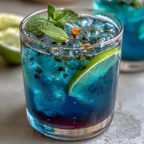Vibrantly colored Butterfly Pea Flower Lemonade, showcasing a stunning magic color change.