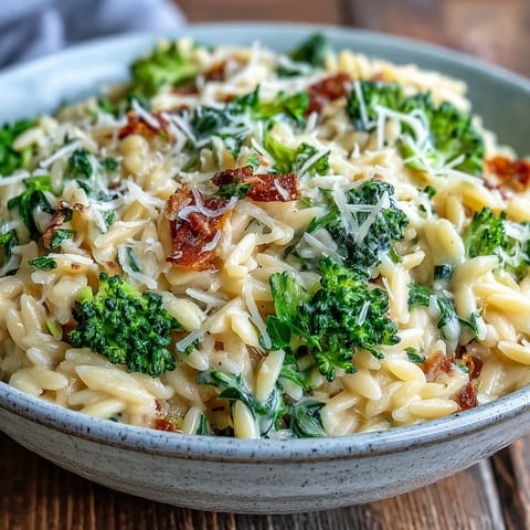 Creamy Broccoli Cheddar Orzo dish with melted cheese and tender florets.