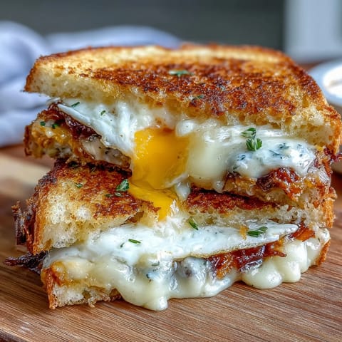 Golden breakfast grilled cheese with runny egg and melted cheddar.