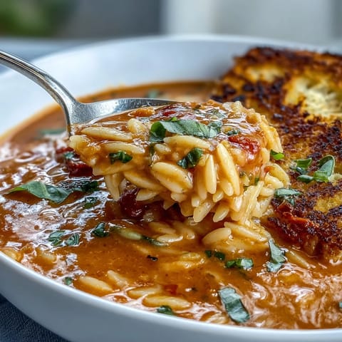 Comforting tomato soup orzo with golden grilled cheese croutons, ready to enjoy.