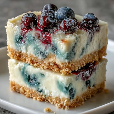 Creamy No-Bake Lemon Blueberry Cheesecake Bars swirled with fruit on a buttery crust.