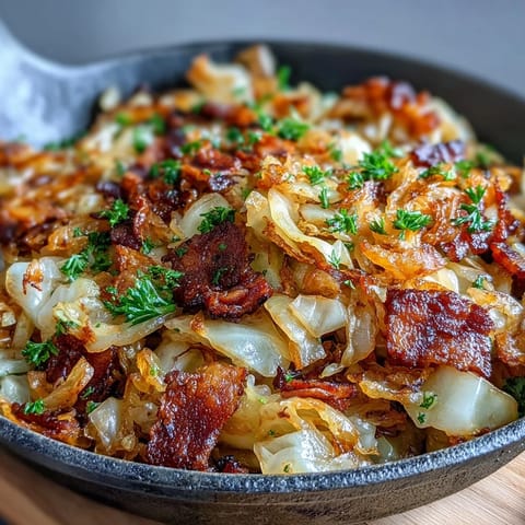 Golden brown fried cabbage with bacon and onions, a savory Southern side.