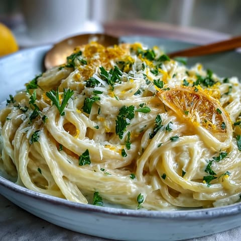 Creamy Cottage Cheese Lemon Pasta Sauce with fresh parsley garnish.