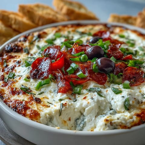 Warm cottage cheese pizza dip with vibrant veggie toppings, ready for serving with crackers.