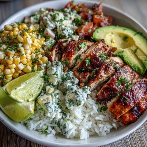 Vibrant Street Corn Chicken Rice Bowls with creamy sauce and avocado.