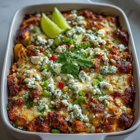 Golden brown Street Corn Chicken Pasta Bake, a cheesy delight with vibrant cilantro garnish.