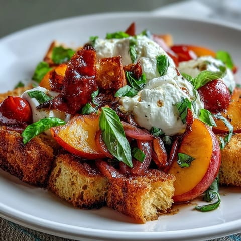 Creamy burrata, sweet peaches, and toasted bread highlight this vibrant Peach Burrata Panzanella.