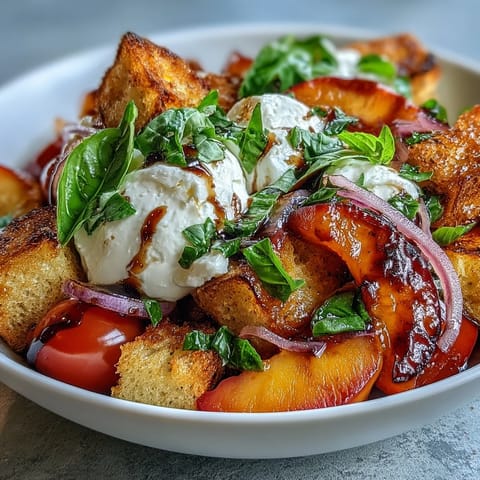 A rustic Peach Burrata Panzanella showing summer's best with fresh basil and balsamic.