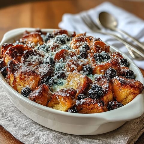 Buttery croissant bake, bursting with blueberries and lemon, ready to be served warm.