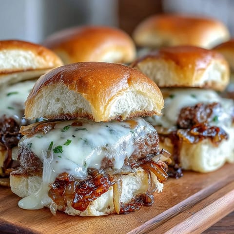 Golden brown French onion smash burger sliders with melted Gruyère cheese.