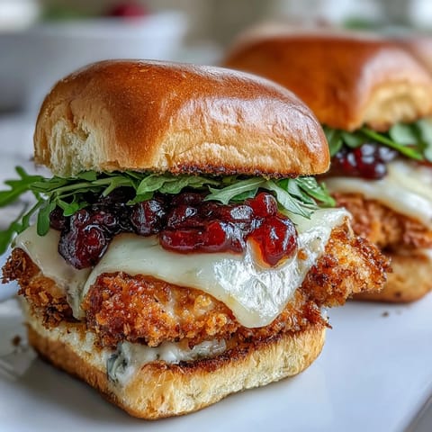 Golden brown crispy chicken cranberry brie sliders with melted cheese.
