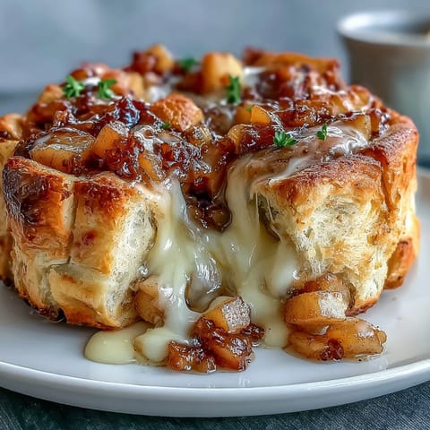 Gooey Apple Pie Baked Brie Pull-Apart Bread with melted cheese.
