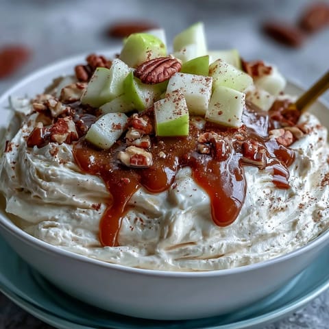 Creamy caramel apple cheesecake snack dip topped with fresh apples and nuts.