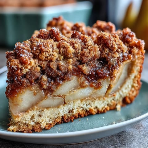 Golden Cinnamon Pear Crumb Cake with juicy pear layers and buttery topping.