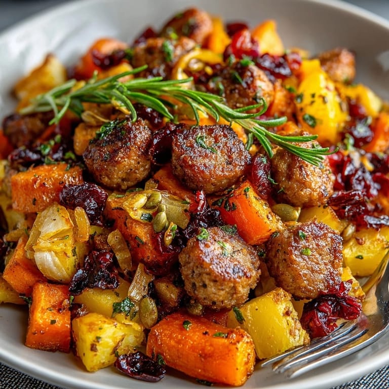 Colorful roasted root vegetable and sausage hash topped with parsley and toasted pumpkin seeds for fall.