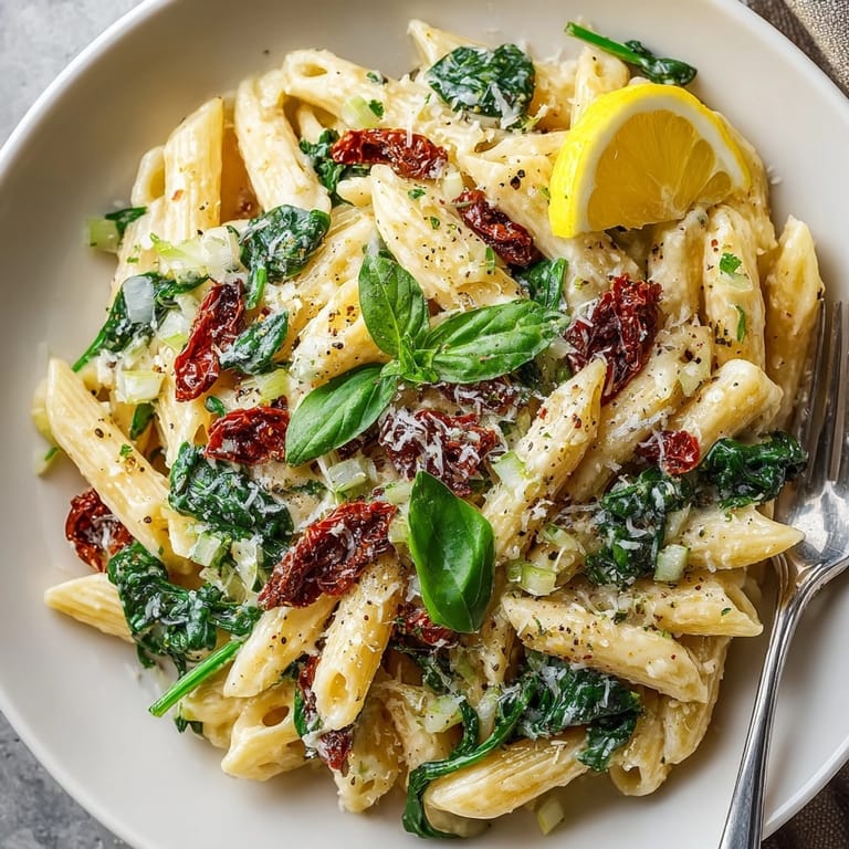 Close-up of one-pot creamy sun-dried tomato pasta with spinach and vibrant lemon wedges on the table.