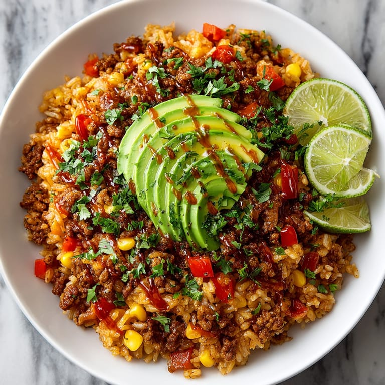 A close-up shot shows savory 20-Minute Honey-Garlic Turkey Taco Rice with a glistening, flavorful sauce.