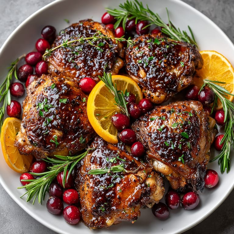 This delicious Cherry-Coded Holiday Cranberry Chicken Sheet Pan depicts vibrant, roasted chicken thighs alongside sweet cherries and cranberries.