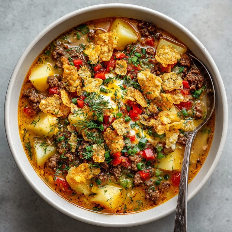 Imagine a steaming bowl of this thick cheeseburger soup, complete with crisp dill pickle topping.