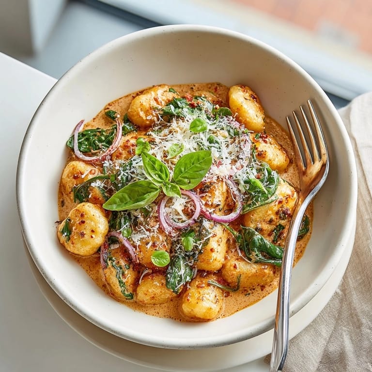 Golden brown Parmesan sprinkled atop steaming One-Pot Creamy Tomato Gnocchi with Spinach looks delicious.