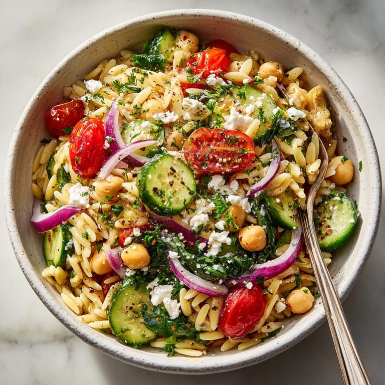 Vivid photo featuring a comforting, brightly-flavored 15-Minute Lemon Chickpea Orzo Bowl, ready to eat.