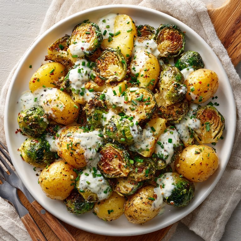 Crispy edges and a tangy taste: this Pickle-Fix Roasted Brussels & Potatoes dish is a veggie delight.