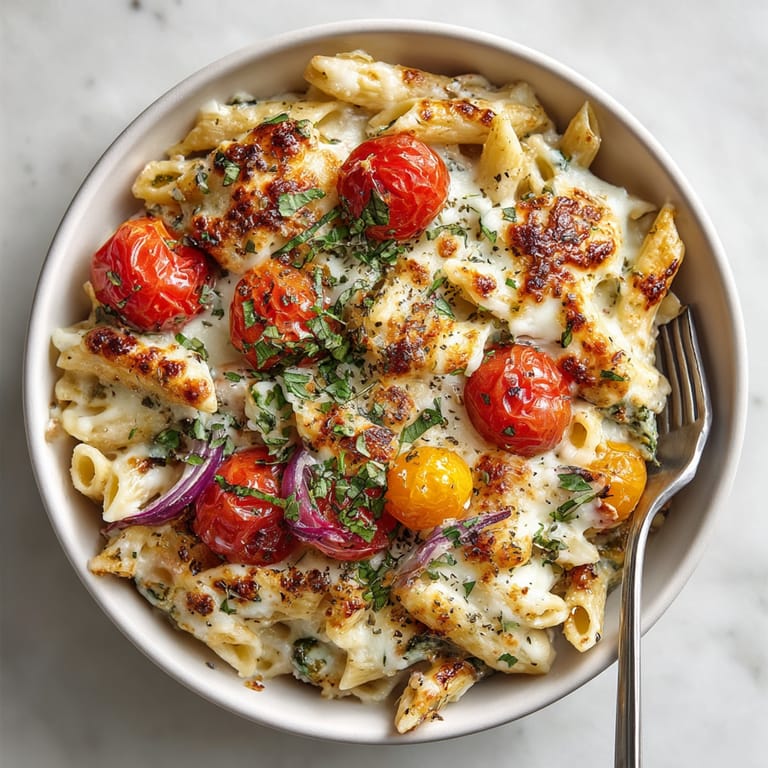 A close-up of the Speedy Cherry-Tomato Baked Pasta skillet, showcasing the vibrant tomato sauce and cheese.