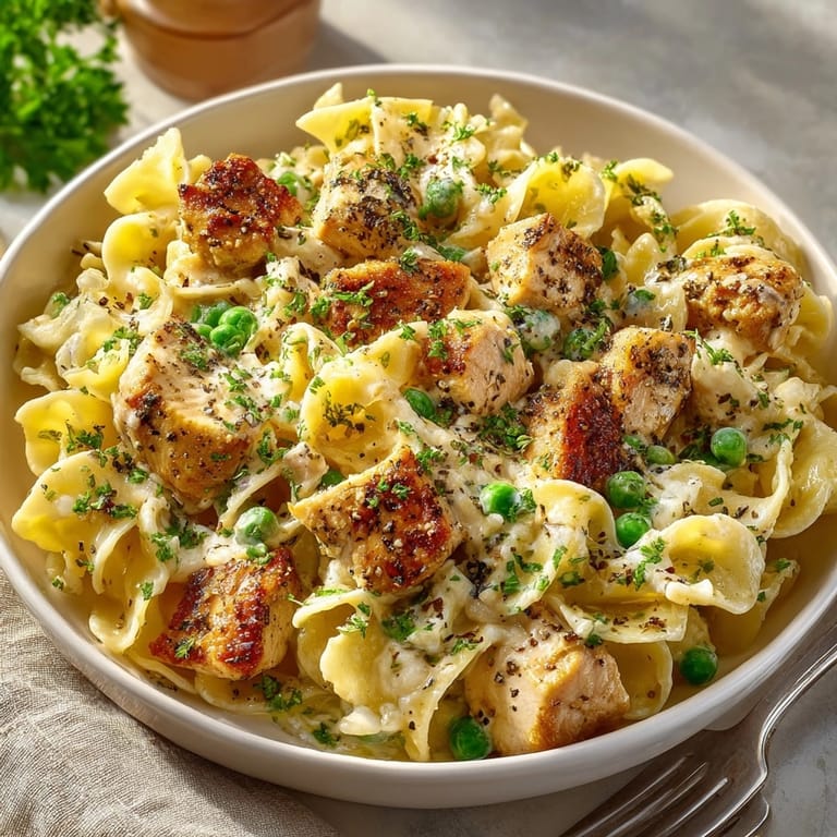 This vibrant photo shows a delicious One-Pot Creamy Chicken Noodle Skillet with Peas, fresh from the pan.