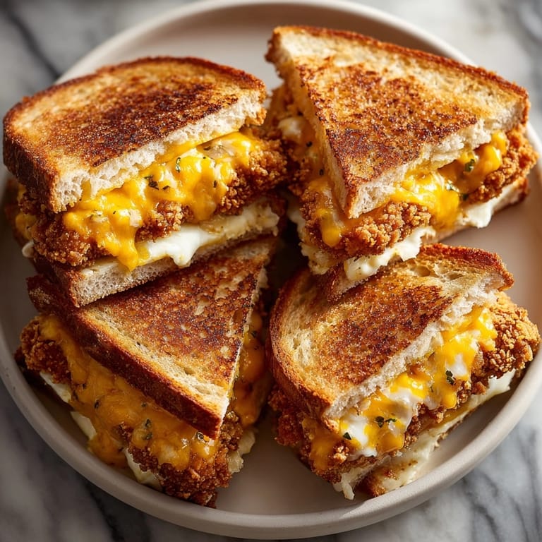 Perfectly cooked pickle-brined fried chicken grilled cheese, piled high with cheddar, presented on a plate.